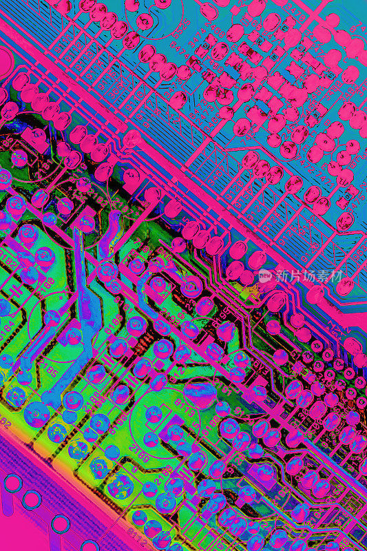 彩色程式化超现实电子电路板细节艺术表现