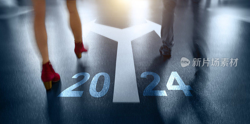 商人和女人走在分叉的路上，新年数字是2024