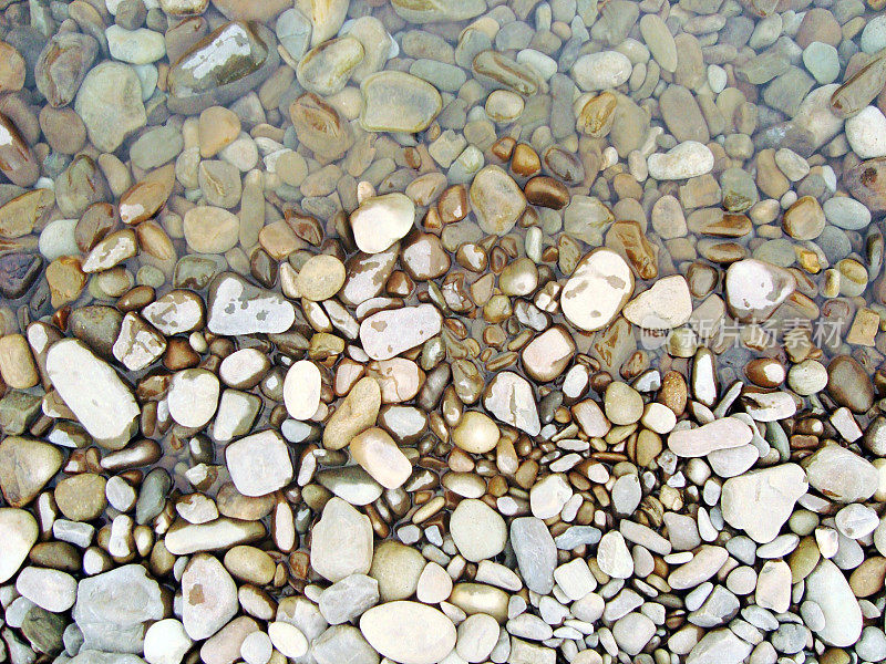 白色棕灰色湿小卵石近岸水，湿石砾石岸岸河海，石滩涂背景壁纸