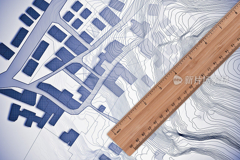 木尺，英制比例尺，在假想的地籍地图上标出有建筑、田地和道路的领土