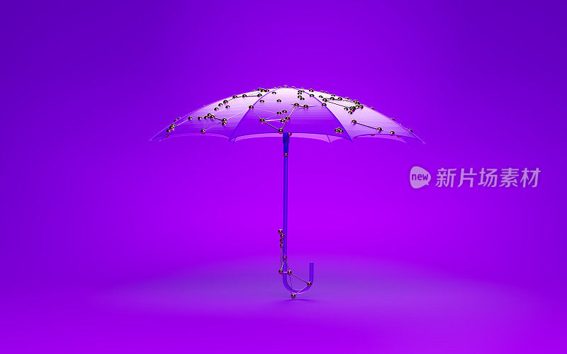 紫色雨伞覆盖的连接线和点在紫色的背景