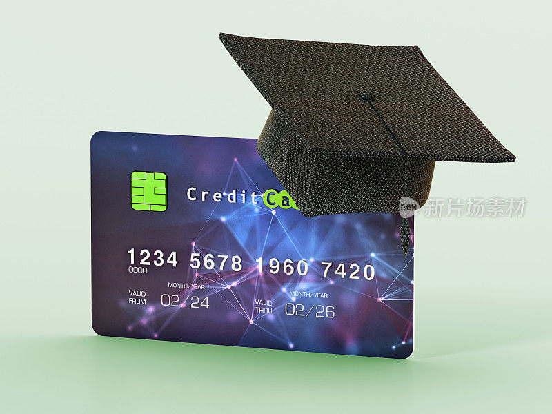信用卡上的学位帽。教育成本概念