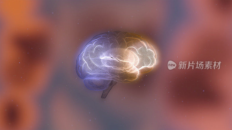 念力的概念。3d渲染发光的大脑结构在模糊的红光背景。