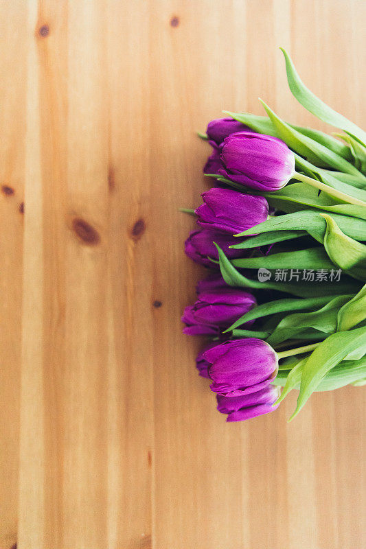 木质背景上的一束紫色郁金香。-平lay风格，妇女节，母亲节，情人节
