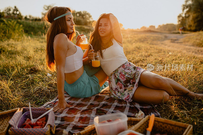 两个年轻妇女在一个阳光明媚的夏日享受野餐