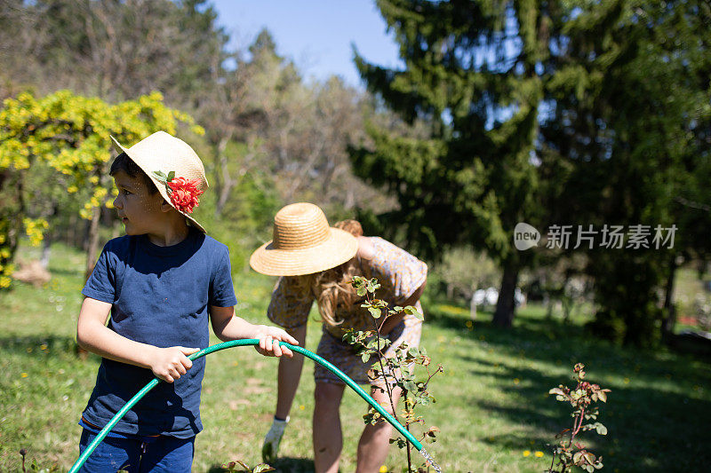 一个可爱的男孩和他的妈妈在照料花园