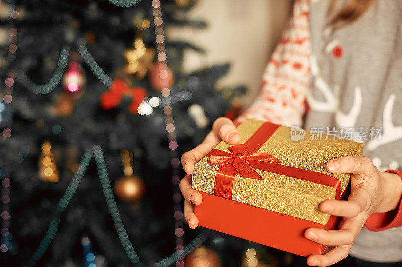 圣诞礼物，一个女孩的手拿着一个金色的礼盒在圣诞树的背景下，新年的概念