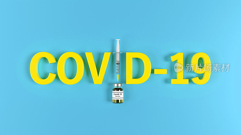 冠状病毒Covid-19疫苗和注射器在蓝色背景下创建字母I