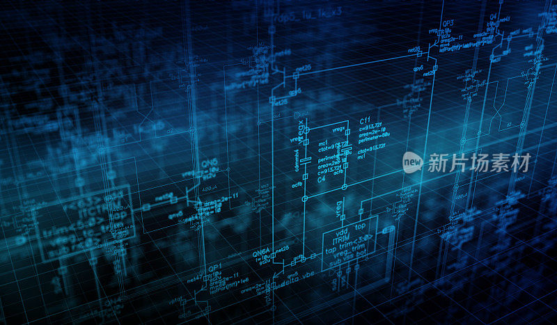 电子线路图。背景图纸方案与电子元器件标志
