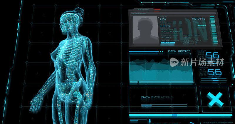 未来医学项目的界面是一个数字控制面板，上面有人体及其骨骼的数字可视化。