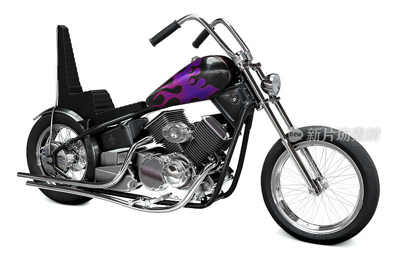 3D渲染图像的复古金属黑色自定义摩托车在白色背景