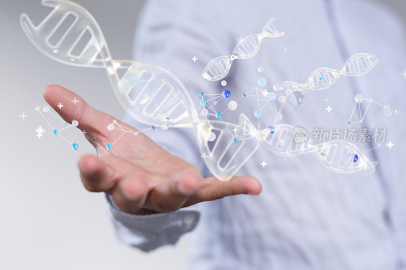 基因工程师手掌上DNA链全息图的3d渲染
