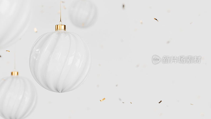 新年白色的小玩意配上飘落的金色闪光，圣诞装饰。在白色背景上逼真的3d渲染插图球