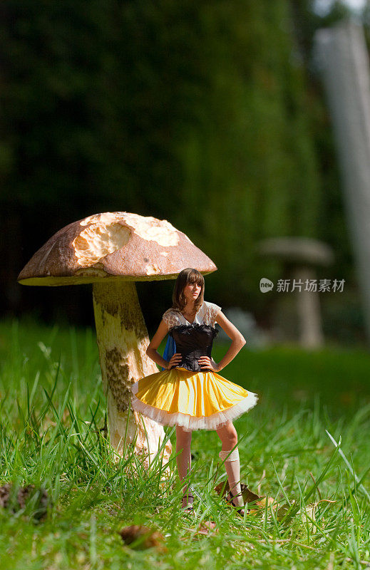 站在草丛中蘑菇旁的仙女