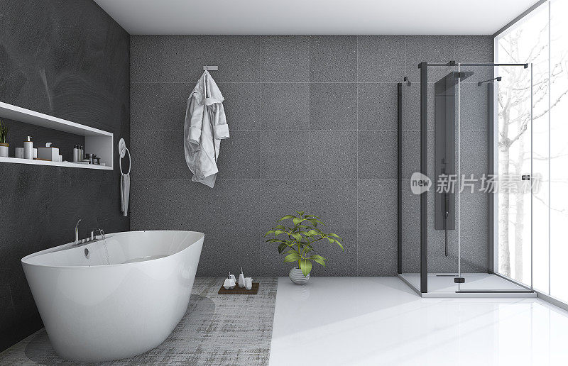 3d渲染现代风格的浴室与美丽的冬季景色