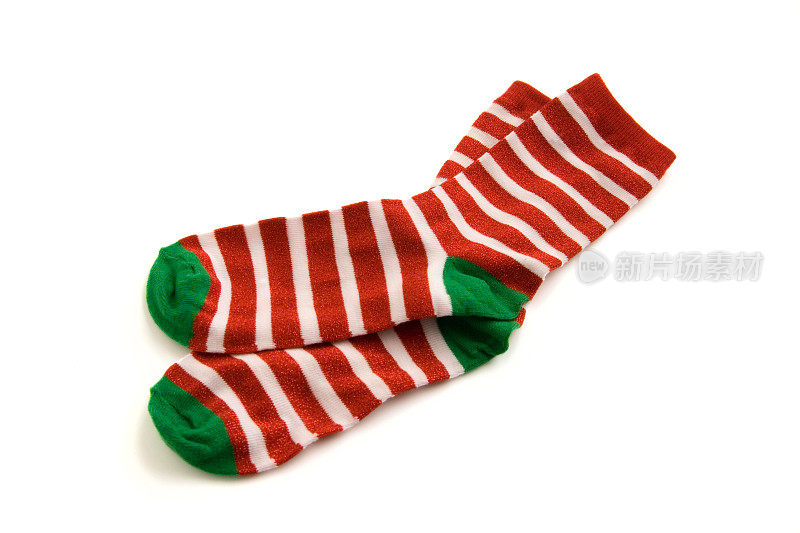红色和白色条纹的袜子，绿色的脚趾和鞋跟