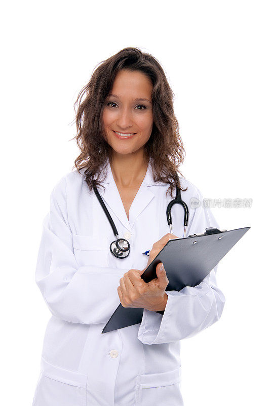 年轻的女医生，带着听诊器和写字板
