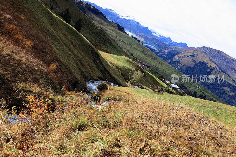 阳光明媚的瑞士阿尔卑斯山上的小山、天空、小溪和木屋