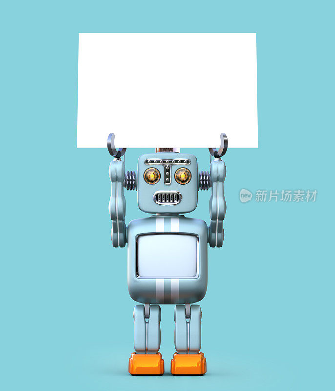 可爱的复古机器人抱着白板孤立在蓝色背景