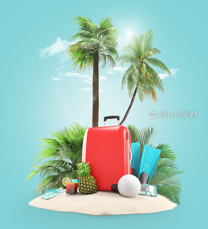 沙滩上的手提箱和棕榈树