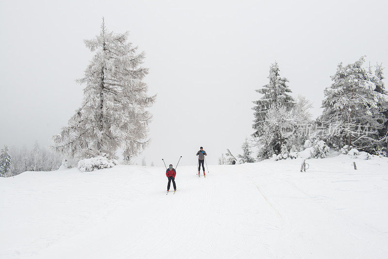 两名资深男子越野滑雪在大雾天气，欧洲