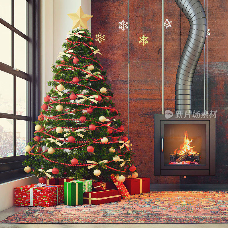圣诞室内设有壁炉、圣诞树和礼物扶手椅
