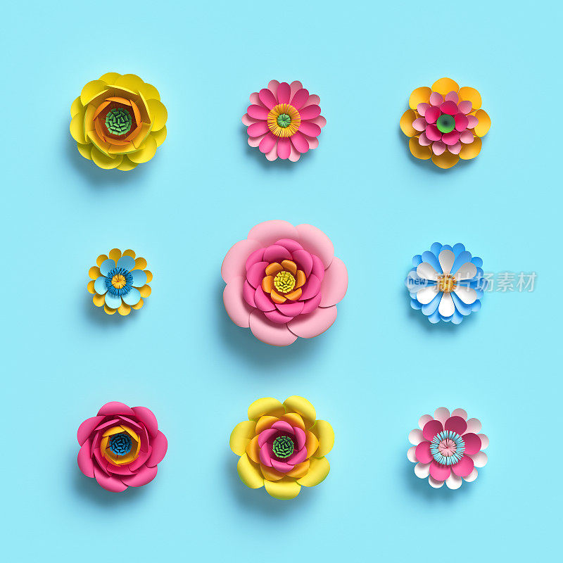 3d渲染，工艺纸花，花卉剪辑艺术集，植物设计元素，明亮的糖果颜色，孤立的天蓝色背景，装饰点缀