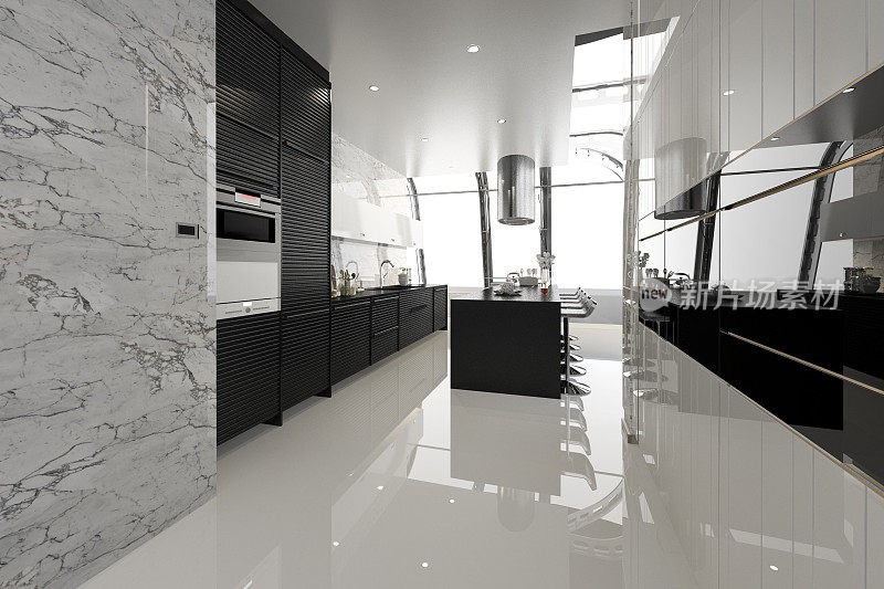 3d渲染现代黑色厨房与现代木材内建