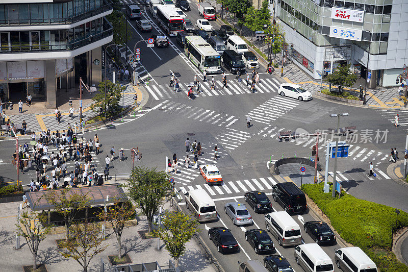 大群人在京都穿过马路，鸟瞰图，日本