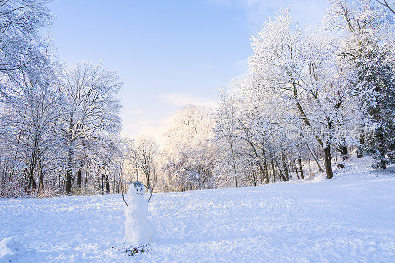 开姆尼茨城市公园清晨的冬日印象和雪人