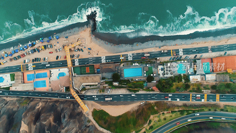 油画全景鸟瞰图米拉弗洛雷斯区海岸线在利马，秘鲁。