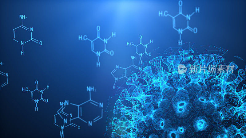 在宿主中引起感染的致病病毒的三维插图，病毒疾病的爆发，病毒抽象背景