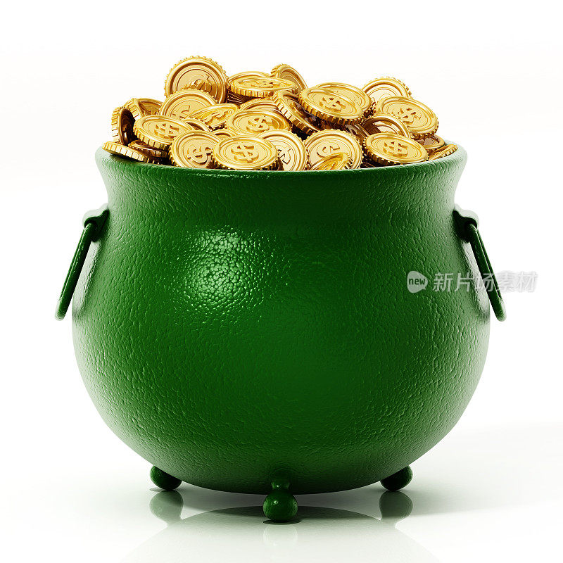 金币内嵌绿色大锅，孤立在白色上