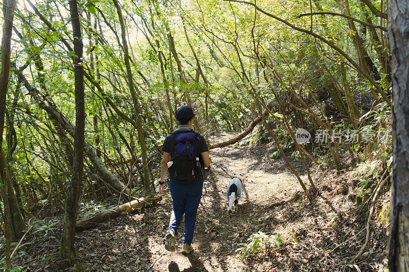 女人喜欢和边境牧羊犬一起徒步旅行