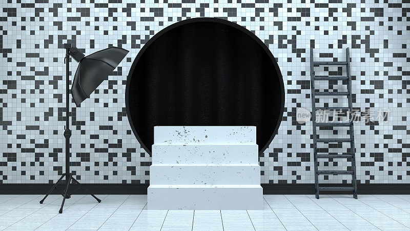 3D空楼梯产品架，平台，抽象的最小概念，黑白格子图案背景