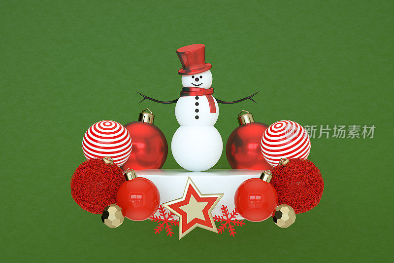 雪人，圣诞新年装饰品，白色讲台，3d抽象绿色背景