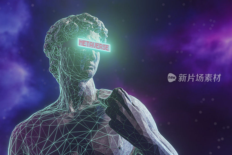 3D渲染经典雕塑Metaverse化身网络低聚发光的紫色线条