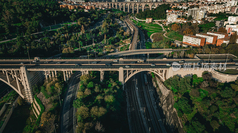 从高速公路和与其他目的地的不同连接处俯瞰里斯本的航拍图像