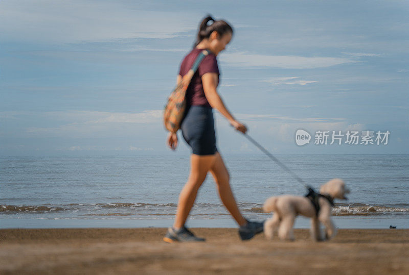 周末早上，亚洲华裔女宠物主人的狗在海滩散步