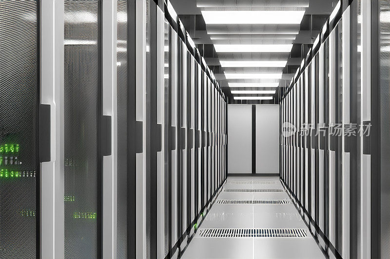 6G技术概念-数据中心和在服务器机房拍摄多排完全运行的服务器机架-计算机网络安全概念