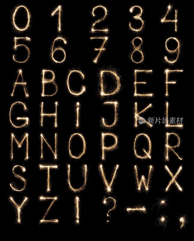 英文字母从火花，字母表和数字在黑色背景。