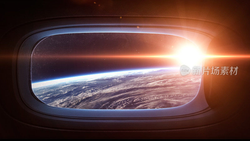 地球行星在飞船窗口的舷窗。元素的