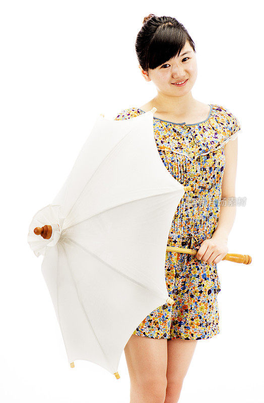 亚洲女孩与白色阳伞
