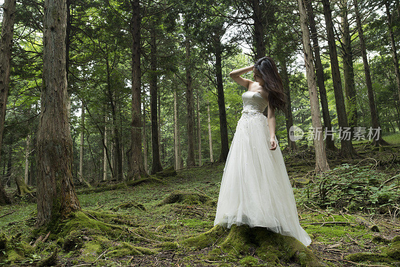 森林里穿着婚纱的迷人女人。
