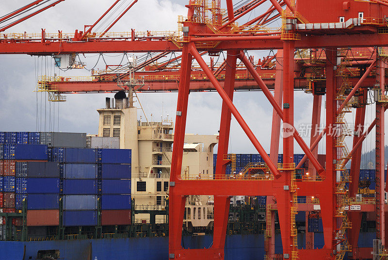 不列颠哥伦比亚省温哥华港集装箱船卸货。