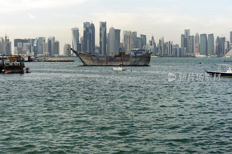 2015年，日落时分，多哈港口的三角帆