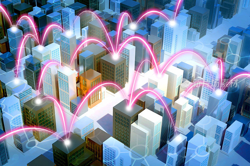 智能城市，建筑通过发光的链接连接，鸟瞰图