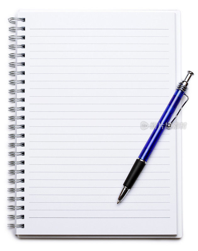白色背景上的空白记事本和蓝色钢笔