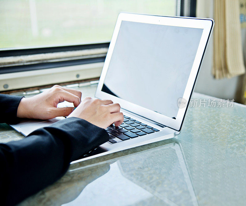 女商人在火车上使用笔记本电脑