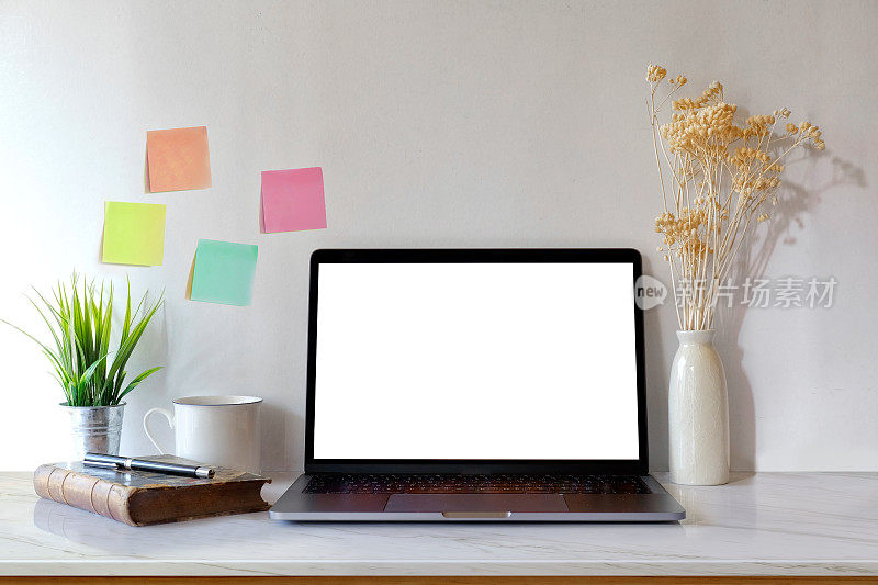 工作空间有笔记本电脑，书籍，花卉植物在家里或工作室。模拟桌面空间。